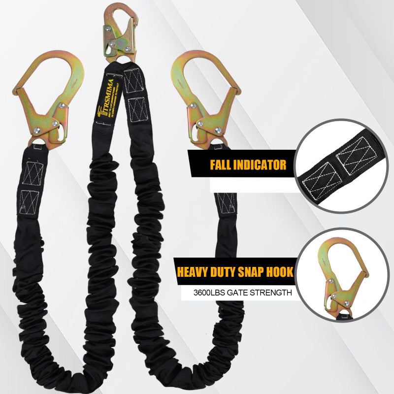 TT TRSMIMA TRSMIMA Safety Harness Lanyard Retractable - Fall Protection Climbing Tree Strap 6 FT Double Leg Internal Shock Absorbing with Rebar & Snap Hook - Image 2